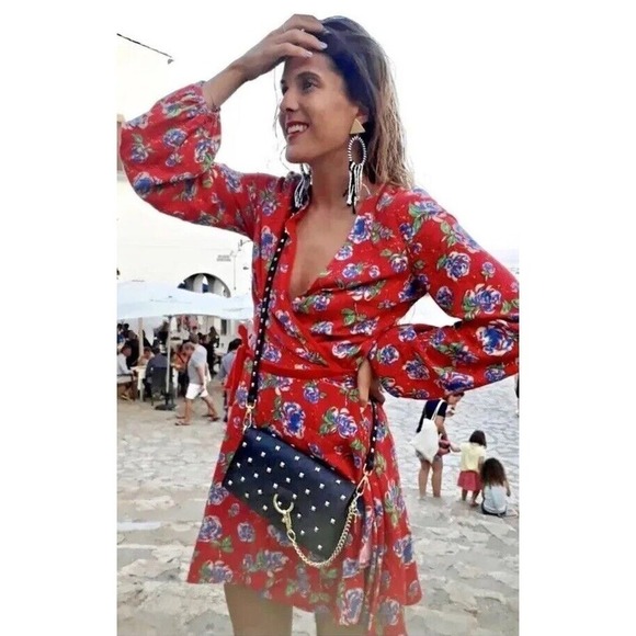 Zara Women Sz S Red Floral Print Long Sleeve V-neck Crossover Mini Romper Dress - Picture 1 of 12